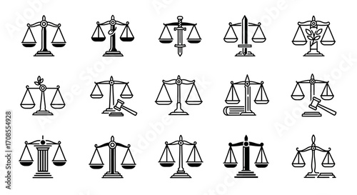 Collection of justice scales and gavel icons symbolizing law and fairness.