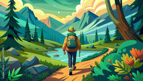 Hand drawn modern illustration view from far behind of a stylized genderneutral person with a medium sized backpack hiking on a path through untouched nordic nature on the journey of life in warm and 