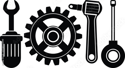 Vector set of mechanic tools gear oil can wrench and span for industrial designs