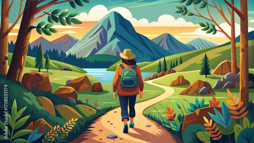 Hand drawn modern illustration view from far behind of a stylized genderneutral person with a medium sized backpack hiking on a path through untouched nordic nature on the journey of life in warm and 
