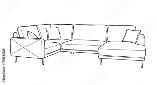Modern sectional sofa with clean lines and elegant legs, a simple line drawing for interior design concepts.