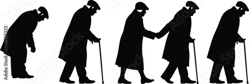 Elderly person walking cane rehabilitation recovery support silhouette vector illustration aging mobility improvement therapy assistance healthcare posture progress concept design