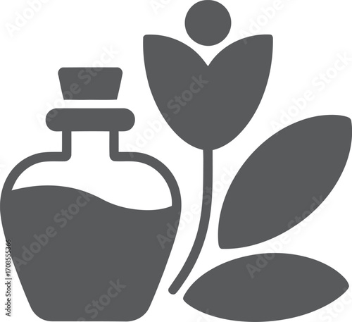 Aromatic essential oil bottle with flower and leaves icon