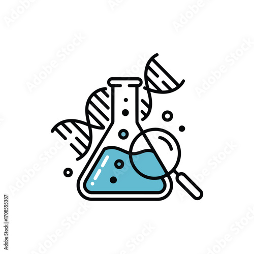 Science and Research Illustration with DNA Erlenmeyer Flask and Magnifying Glass graphic design