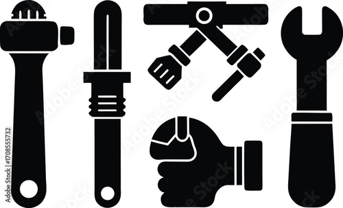 Plumbing tools icons vector set pipe wrench faucet plunger scalable illustration eps