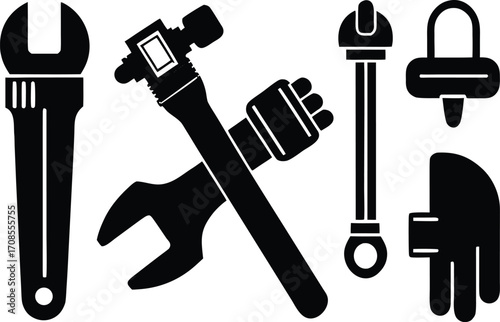 Plumbing tools vector icons set pipe wrench faucet plunger illustration scalable eps
