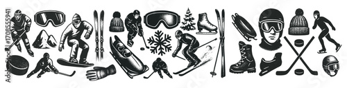 Engraved Vintage Vector Seamless Pattern of Winter Sports – Skiing, Snowboarding, Ice Hockey, Skating and Alpine Adventure Illustration