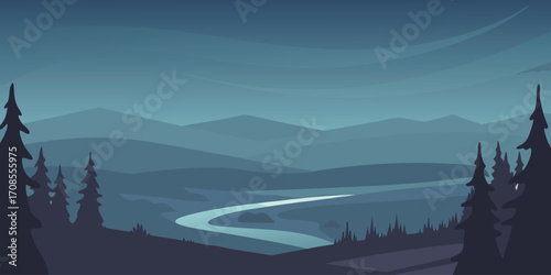 Serene mountain landscape with winding river at dusk