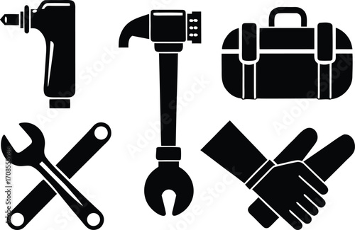 Set of vector plumber icons scalable pipe wrench faucet plunger toolbox gloves