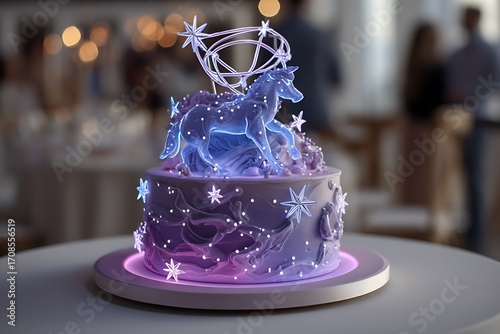 A two-tier cosmic birthday cake with glowing star details and a rotating constellation topper, perfect for a space-themed event