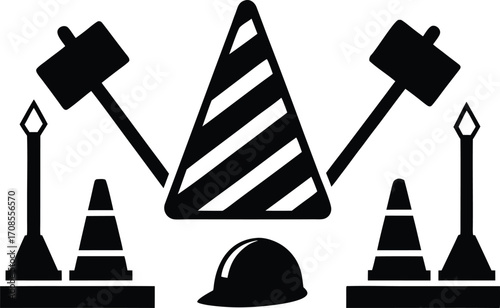 Road construction and repair icons set traffic cones barriers and safety helmets vector eps