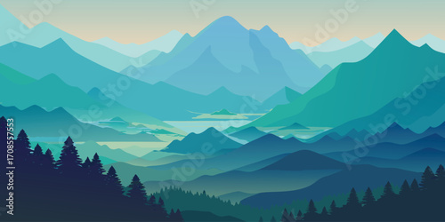 Serene mountain valley landscape with layered peaks and misty atmosphere