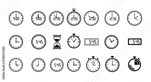 Collection of various timekeeping devices including clocks, stopwatches, and hourglasses