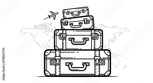 Excited traveler's luggage stacked high for a global adventure