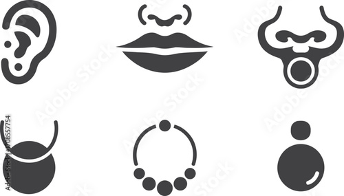Collection of six stylized icons representing various body piercings and jewelry