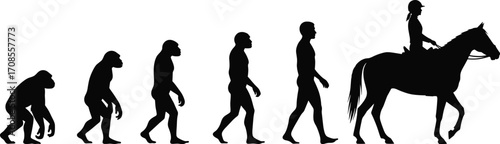 Human evolution silhouette from primate to modern man riding horse, black vector design showing progression of species and equestrian activity
