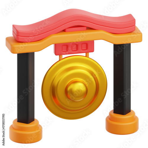 Elegant 3D rendering of a traditional Chinese golden gong, a cultural symbol of celebration and music, isolated on a white background for festive design
