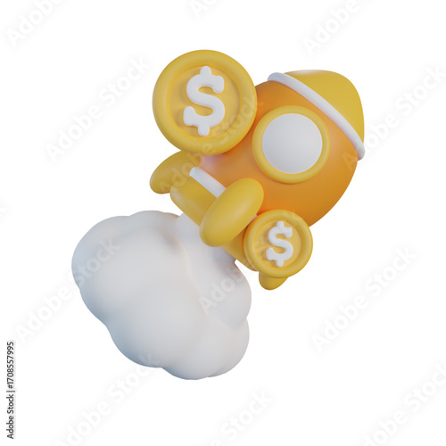 A 3D render of a cartoon rocket ship launching with dollar coins, symbolizing a successful business startup and rapid financial growth