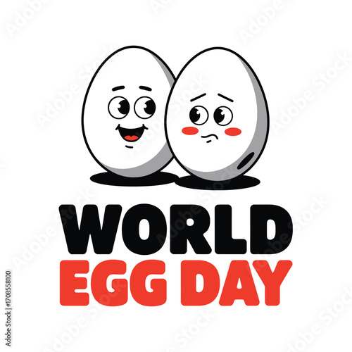 Vector art of two cartoon eggs, one happy and one sad, with the text world egg day below them on a, representing contrasting emotions