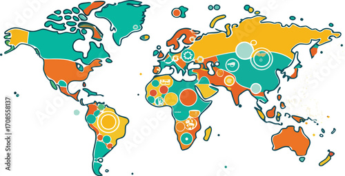 Colorful world map with social media icons representing global connectivity