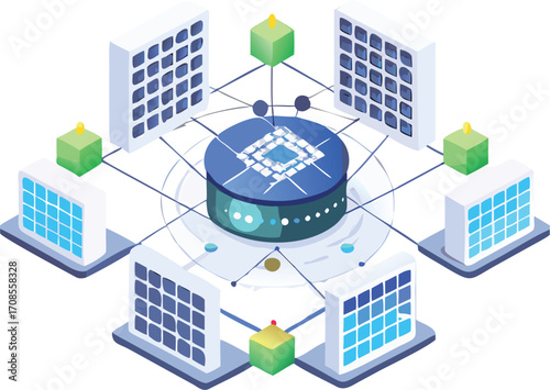 Vector isometric illustration of a modern city with buildings, factories, and a street map design