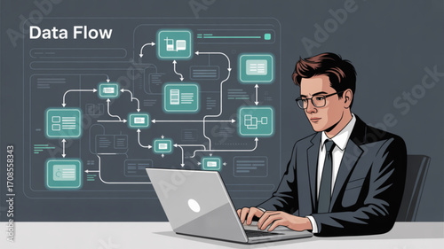 Data flow diagram software engineer using laptop for business process automation and workflow optimization