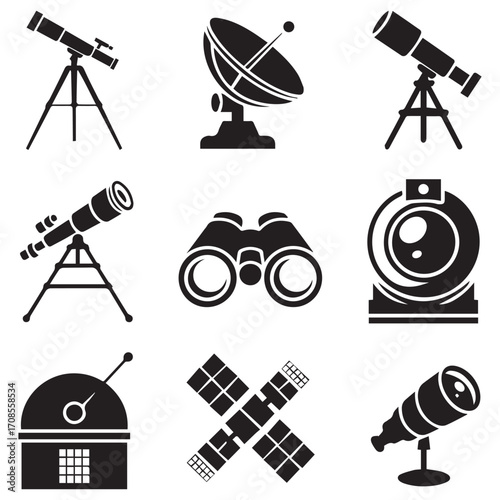 Collection of astronomical instruments and devices icons featuring telescopes binoculars satellite dish observatory and spacecraft