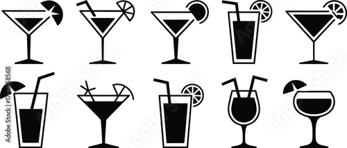 Collection of stylized cocktail icons with garnishes like citrus slices and umbrellas