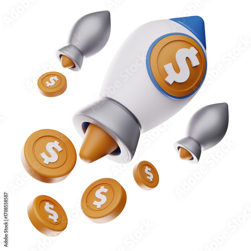 Conceptual representation of a financial takeoff, where a powerful rocket surrounded by gold dollar coins symbolizes a successful startup launch and rapid profit growth