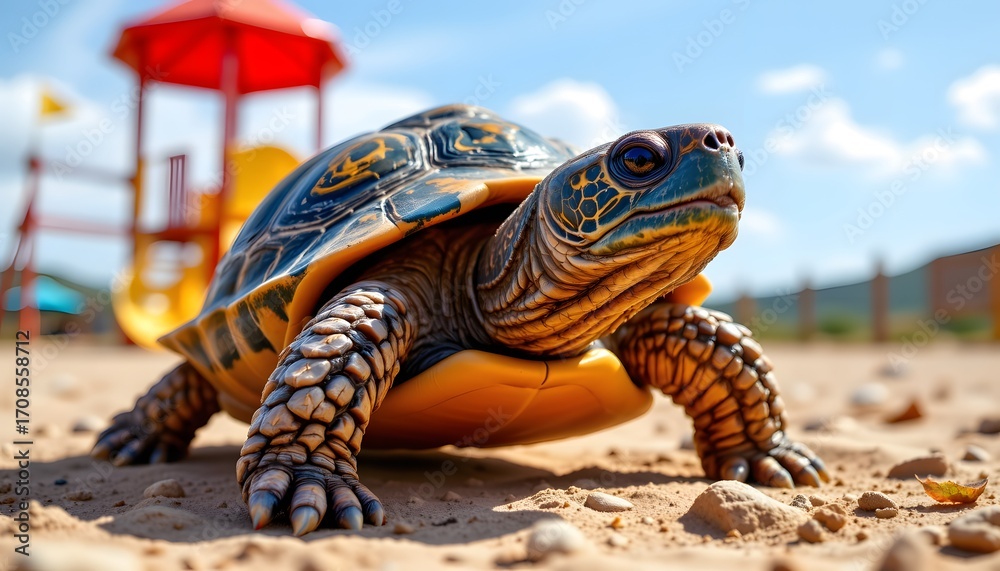 Obraz premium Cool turtle wearing stylish shades at the bottom of a pastel playground, sunset orange tones, ample copy space at the top, clear subject positioning for photo.