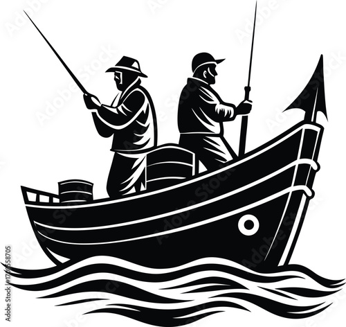 Fishing Boat Silhouette with Fishermen Vector Illustration.