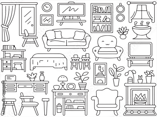 Outline vector icons of interior furniture including fireplace, lamp, and shelves
