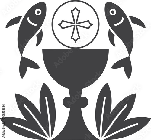 Christian symbol of chalice with fish and cross representing communion and faith