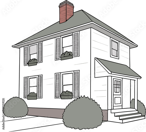 Hand drawn sketch of a classic two story house with shutters and bushes