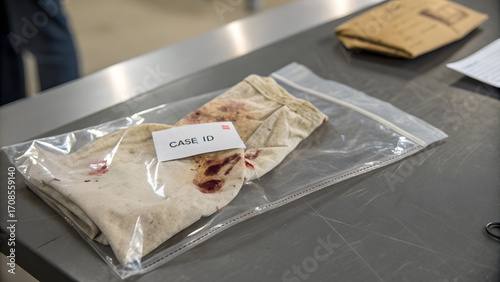 Evidence bag with blood-stained clothing labeled “CASE ID” placed on a metal forensic table inside a laboratory, part of official criminal case documentation process