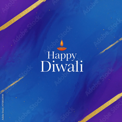 A royal blue-purple watercolor wash with golden strokes, centered serif Happy Diwali text, and glowing diya icon, styled as a luxury banner.