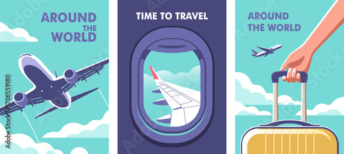 Travel, journey concept. Woman holding a suitcase in her hand close-up and a airplane taking off. View through the porthole of aircraft. Vector illustration in a minimalistic style.