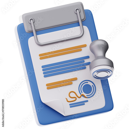 Contract Agreement Illustration Business Approval and Legal Documents Concept, showcasing a signed paper, and a rubber stamp for official acknowledgment