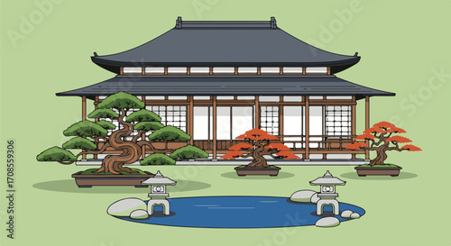 Minimalist solid-color vector design of a traditional Chinese courtyard house with curved tiled roofs, lanterns hanging, and nature elements like bamboo.