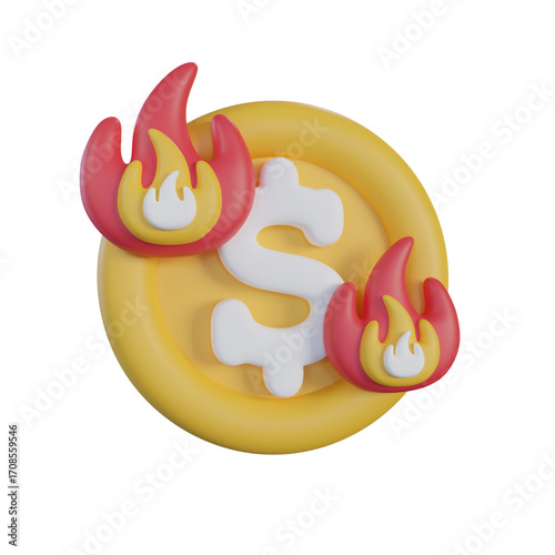 Visualizing the escalating financial burden and economic turmoil with a symbolic burning dollar coin, representing inflation, rising costs, and monetary instability within global markets