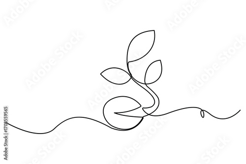 Continuous one line drawing of the step by step process of a plant growing from seed to sprout in doodle style

