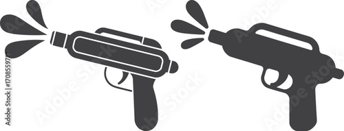 Two silhouette water guns spraying water on a white background