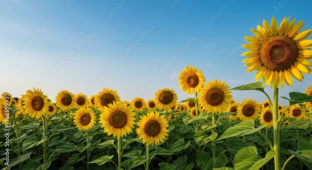 Obraz premium A vast field of sunflowers faces a clear, pale blue sky