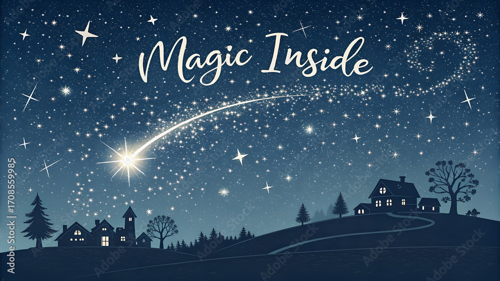 Naklejka premium Whimsical night sky filled with stars and swirling stardust above cozy village silhouettes — ideal for holiday cards, dreamy seasonal illustrations and magical celebration visuals