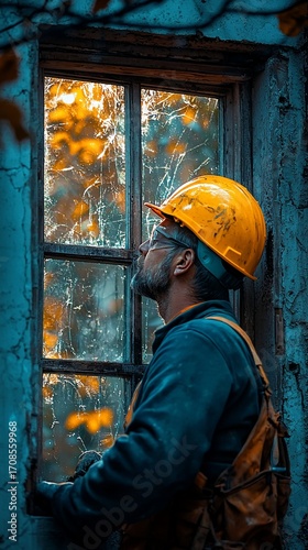 A construction worker gazes through a weathered window, autumn foliage blurring in the background