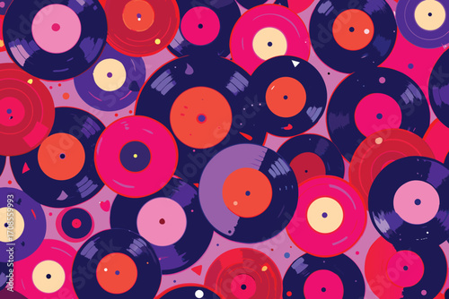 Vibrant collection of colorful vinyl records in a playful pattern