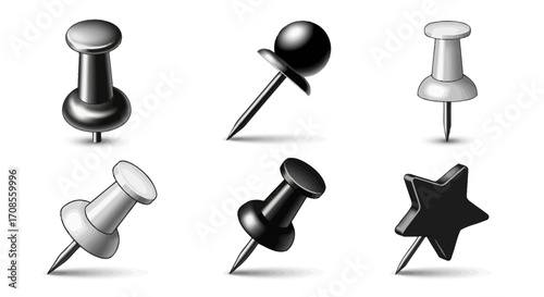 Collection of diverse pushpins and thumbtacks on a white background