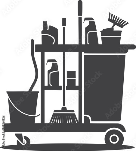Silhouette of a cleaning cart filled with supplies and tools