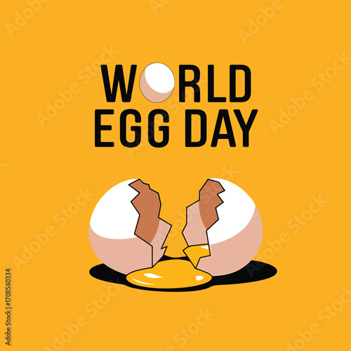 Vector art of world egg day concept featuring a cracked egg with yolk spilling out, highlighting the versatility of eggs in cooking, isolated on yellow background