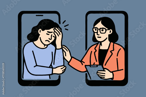 Illustration of a woman receiving emotional support via online therapy from a female therapist, flat style on blue background, mental health care, Online therapy session